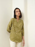 Cotton Polka Band Collar Top - Green